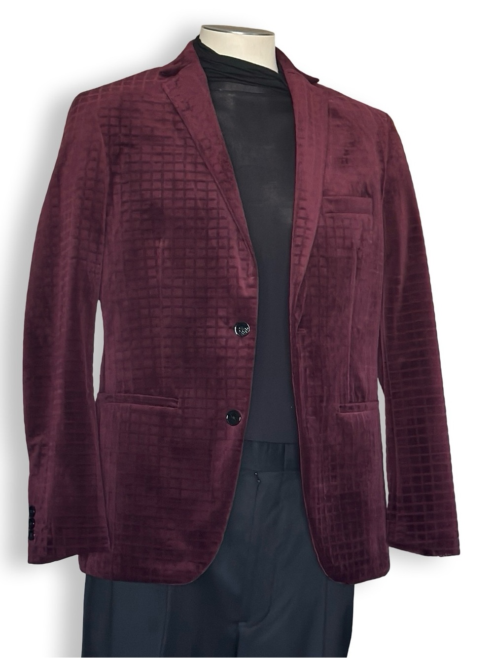 Vintage Y2K Alfani Burgundy Textured Velvet Blazer Sport Coat Hollywood Costume